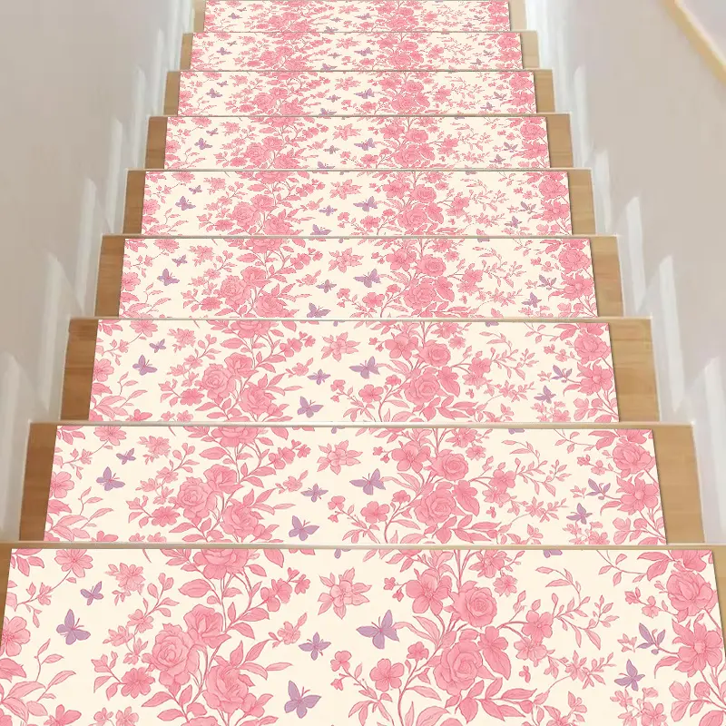 15pcs 8x30 Inch Non-Slip Stair Tread Pads - Anti-Slip Stair Carpet, Step Protector Mat, Border Stair Mat for Home Decor, Bringing Joy to Your Home. Pink Floral Butterfly Pattern, Romantic Country Style, Soft and Cozy. Suitable for Stairs, Washable Carpet