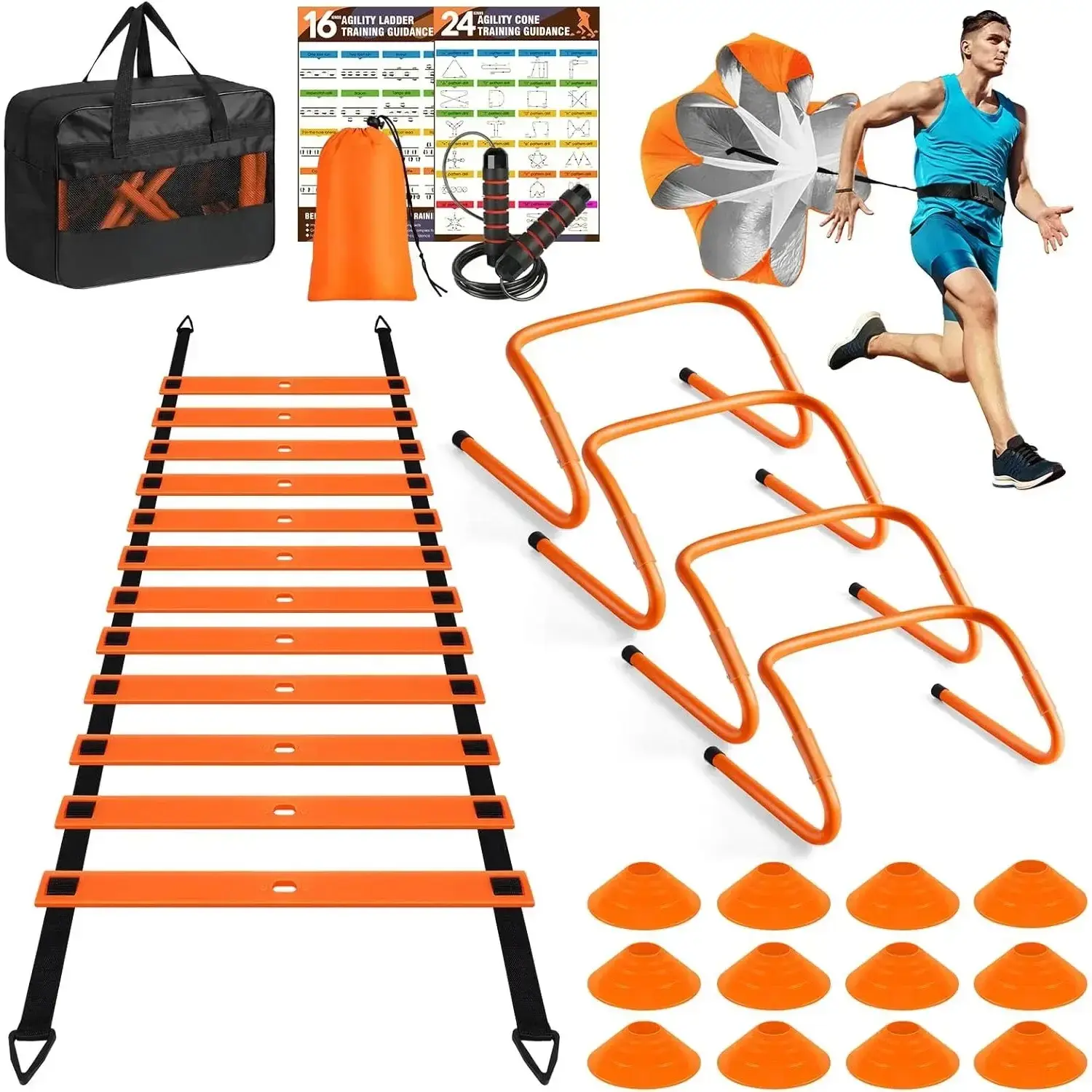 Agility Training Equipment Set for Kids & Adults with 20 ft Ladder, 12 Adjustable Rungs, 12 Disc Cones, 4 Adjustable-Height Hurdles & Running Parachute for Soccer and Football Footwork Drills, Complete Sports Gear, Coaches, Endurance, 20-Foot Agility Ladd