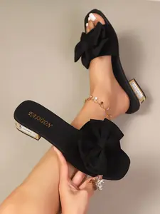 Women's Summer New Square Toe Chunky Heel Sandals, Beautiful Large Bowknot Decoration, Fashion Rhinestone Thick Sole, Slip-On Comfortable, Thick Soled Sandals, Perfect for Daily & Vacation Wear.