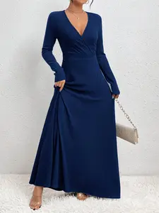 Women's Long Sleeve Knit Dress, Fashion V Neck Design, Casual Fitted Style, Perfect for Fall & Winter Daily Wear