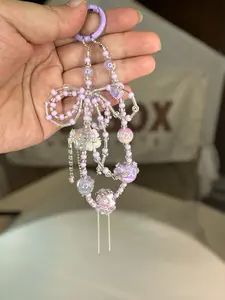 Purple Beaded Silver Tassel Pendant Phone Strap and Bag Charm （phone tether tap included) woman key bag decoration