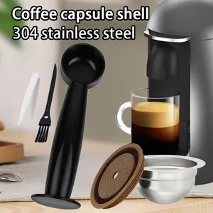 Reusable Coffee Capsule Filter Set, Stainless Steel Coffee Pod with Silicone Lid, Includes Pressing Spoon and Cleaning Brush, Kitchenware