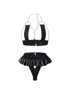 Sexy Witch Style Rhinestone Knit Lingerie Set, Role Play Costume, Ruffled Chain Design, Hot Girl Home Sleepwear, Fantasy