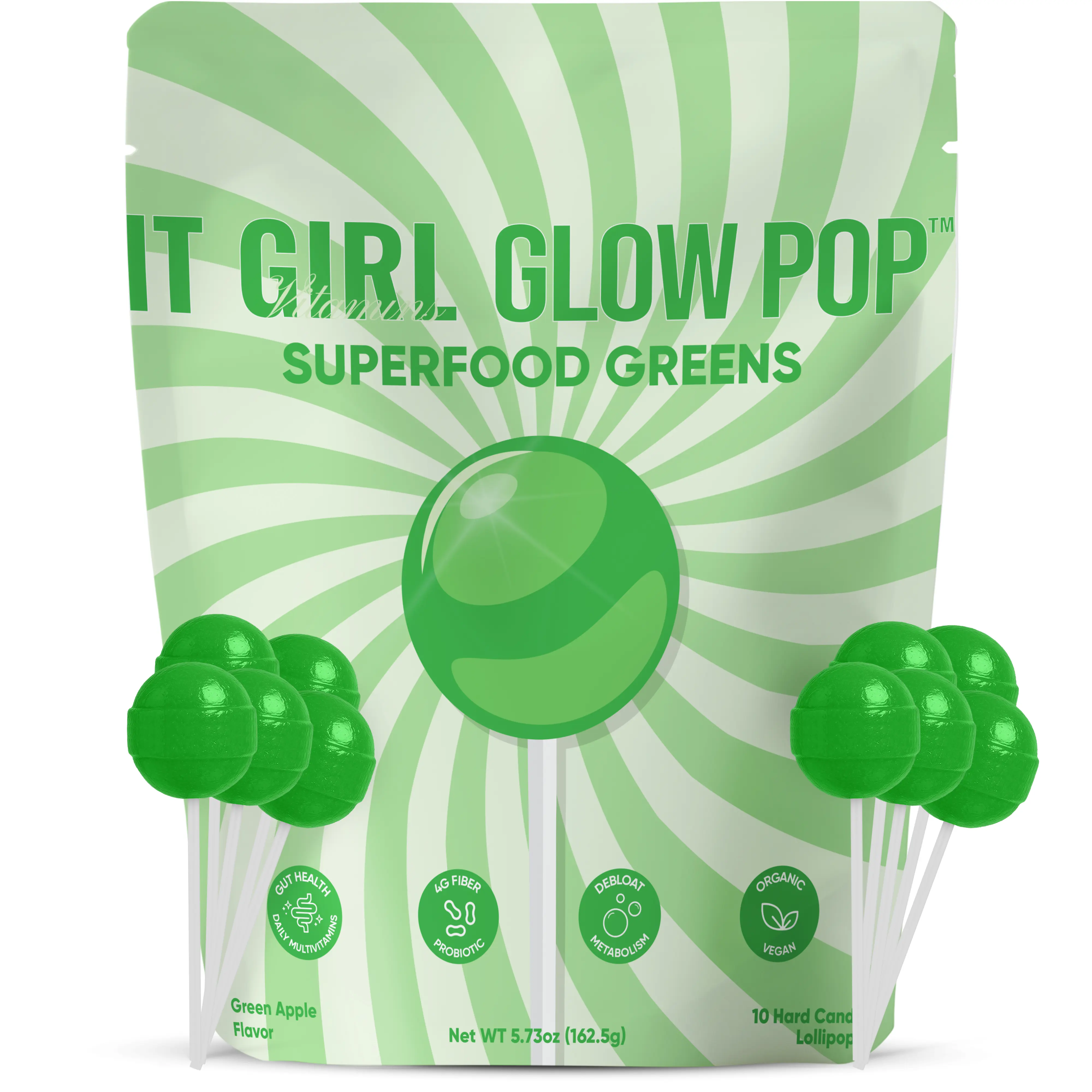 Glow Pops Superfood Greens Lollipops - Daily Multivitamin Candy with Probiotics, Prebiotic Fiber, Antioxidants, 20+ Vitamins & Minerals for Beauty & Wellness, Green Apple Flavor