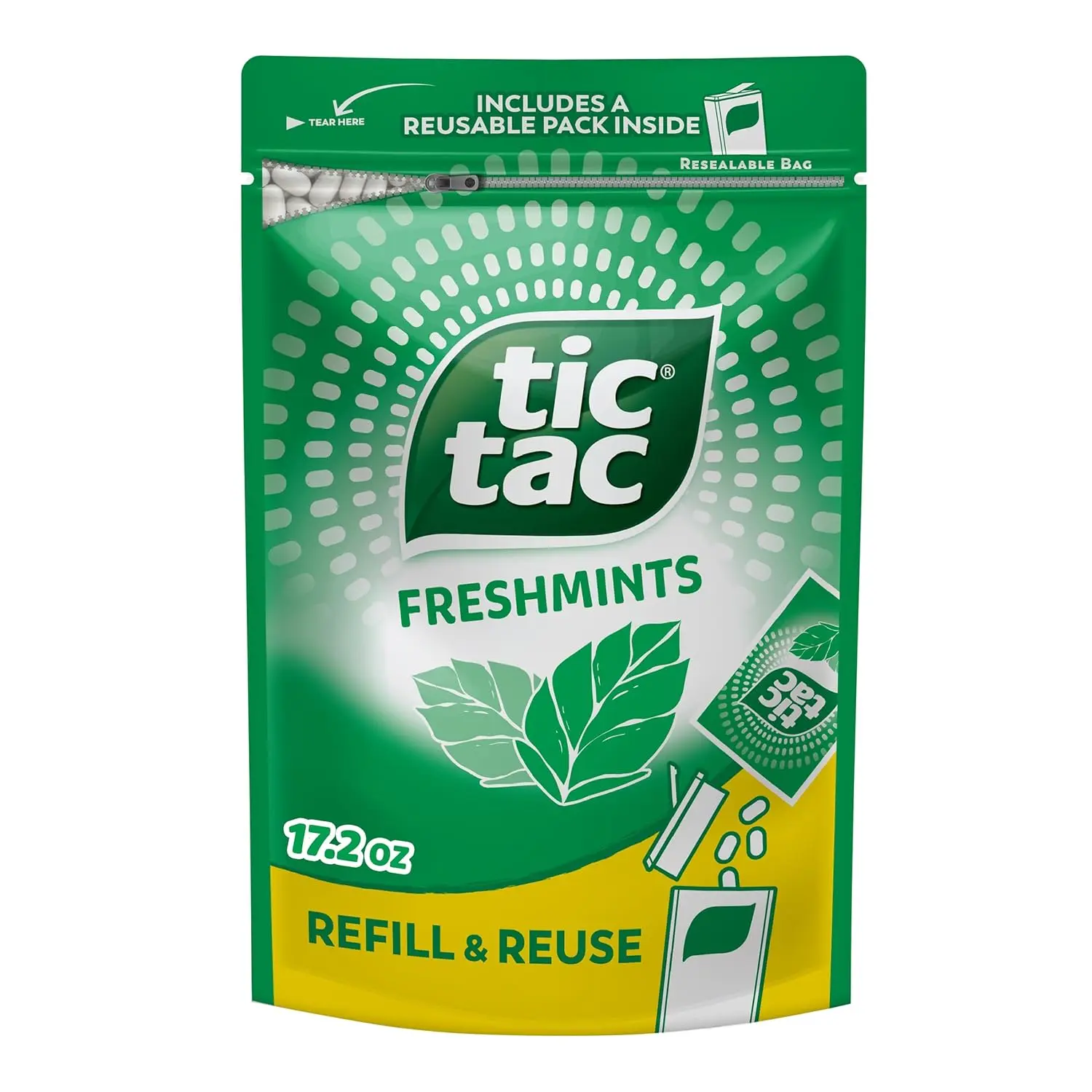 Tic Tac Bulk Freshmints Refill Bag Snack Sweet, On-the-Go Pocket-Sized Breath Mints, Includes Empty Refillable Pack, 17.2 oz Candy Vanilla Bonbon
