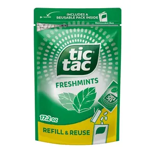 Tic Tac Bulk Freshmints Refill Bag Snack Sweet, On-the-Go Pocket-Sized Breath Mints, Includes Empty Refillable Pack, 17.2 oz Candy Vanilla Bonbon