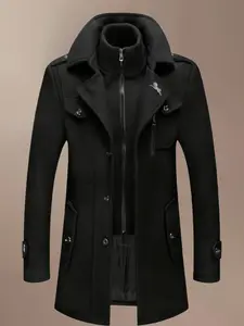Men's Fashion Double Collar Mixed Fiber Long Coat, Zipper and Pocket Design, Warm and Durable, Suitable for Business or Casual Autumn/Winter Jackets