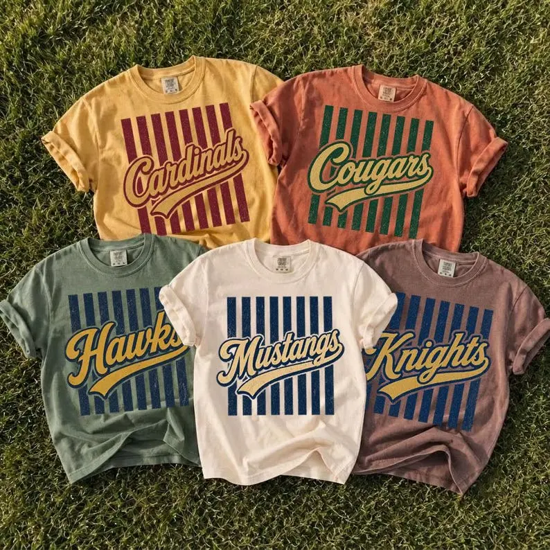 Comfort Colors Custom Sports Mascot Shirt, Personalized Football Baseball Hockey Team Tee, Retro School Spirit Game Day Outfi [Note the colors of the lines and text.]t