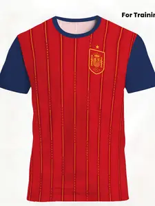 Spain National Team Training Football Jersey, Blue Color Block Gold Stripe Breathable Quick Dry Fan Version Shirt