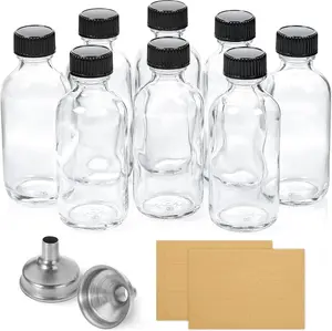 Boston Sample Bottles 8 Pack, 60ml - 2 oz Small Glass Bottles w/ Lid & 2 Stainless Steel Funnels for Potion, Juice, Wellness, Ginger Shots, Whiskey Kitchen Organiser