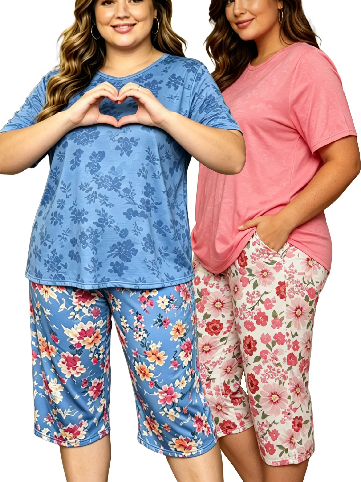 Women's 2-Piece Loungewear Set - Soft Fabric, Comfortable Fit, Plus Size 1XL-5XL with Pocket, Casual Home Wear Sleepwear Pajamas Curvy Cute Floral