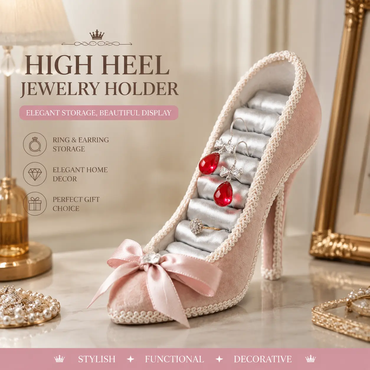 High Heeled Shoes Shape Multi-Level Velvet Jewelry Display Stand - Shoe-Inspired Home Organizer, Storage Rack for Earrings, Bracelets, Rings, Table Decor Gift