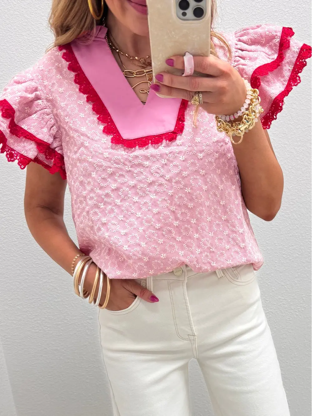 Women's Pink Eyelet Embroidered Flower Texture Contrast Lace Trim Flutter Sleeve Blouse V Neck Gingham Check Print Casual Summer Shirt Ruffle Mock Collar Tops Cute Preppy Boho Blouses Elegant Going Out Resort Vacation Clothes Streetwear