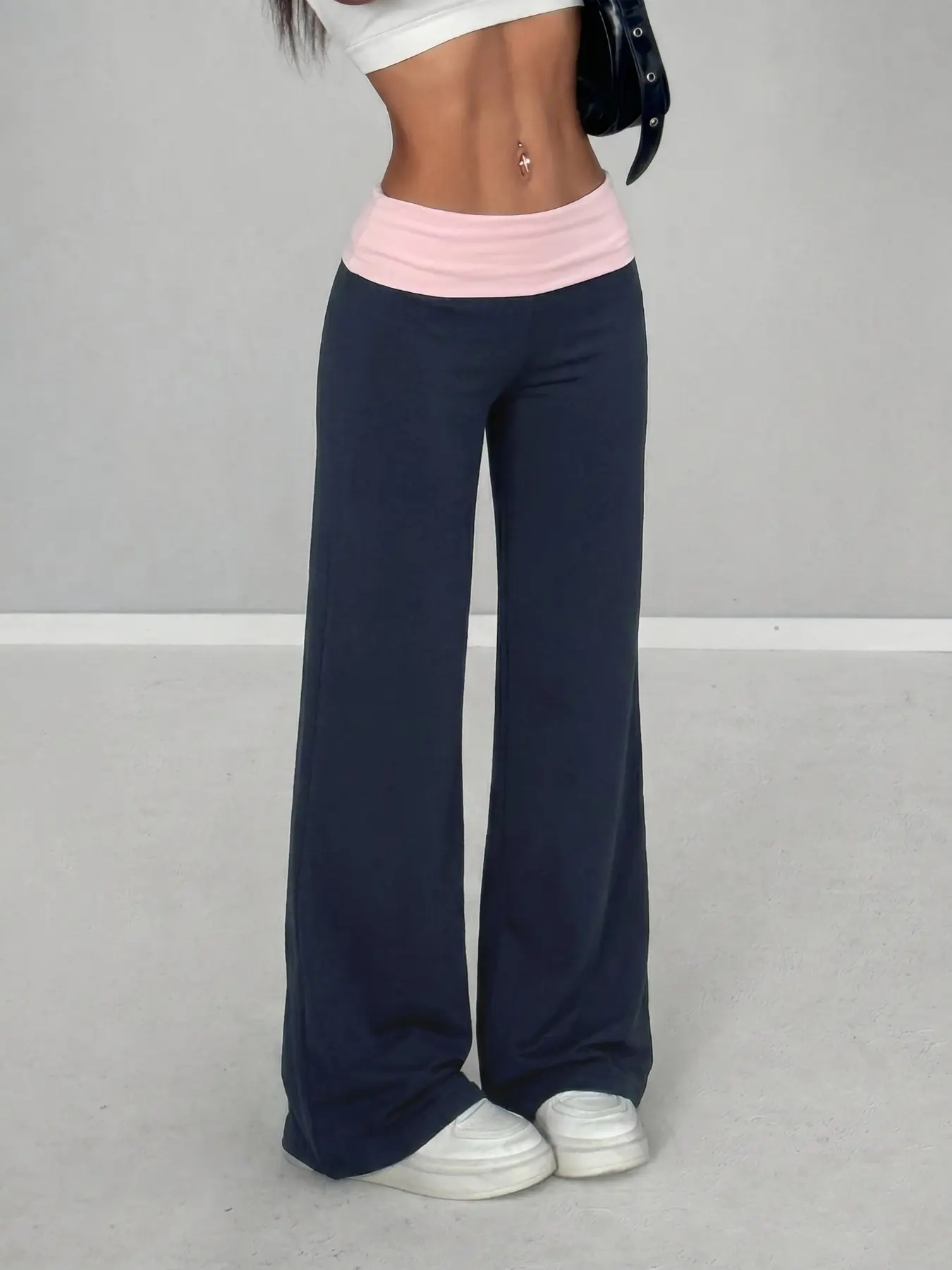 Women's Fold-Over Waist Color Block Patchwork Wide Leg Pants Bottom Casual Lounge Pant 2026 Casual Streetwear Perfect For Everyday And Night Out Stylish Viral TikTok Must Have Fashion Essential Casual Summer Bottoms