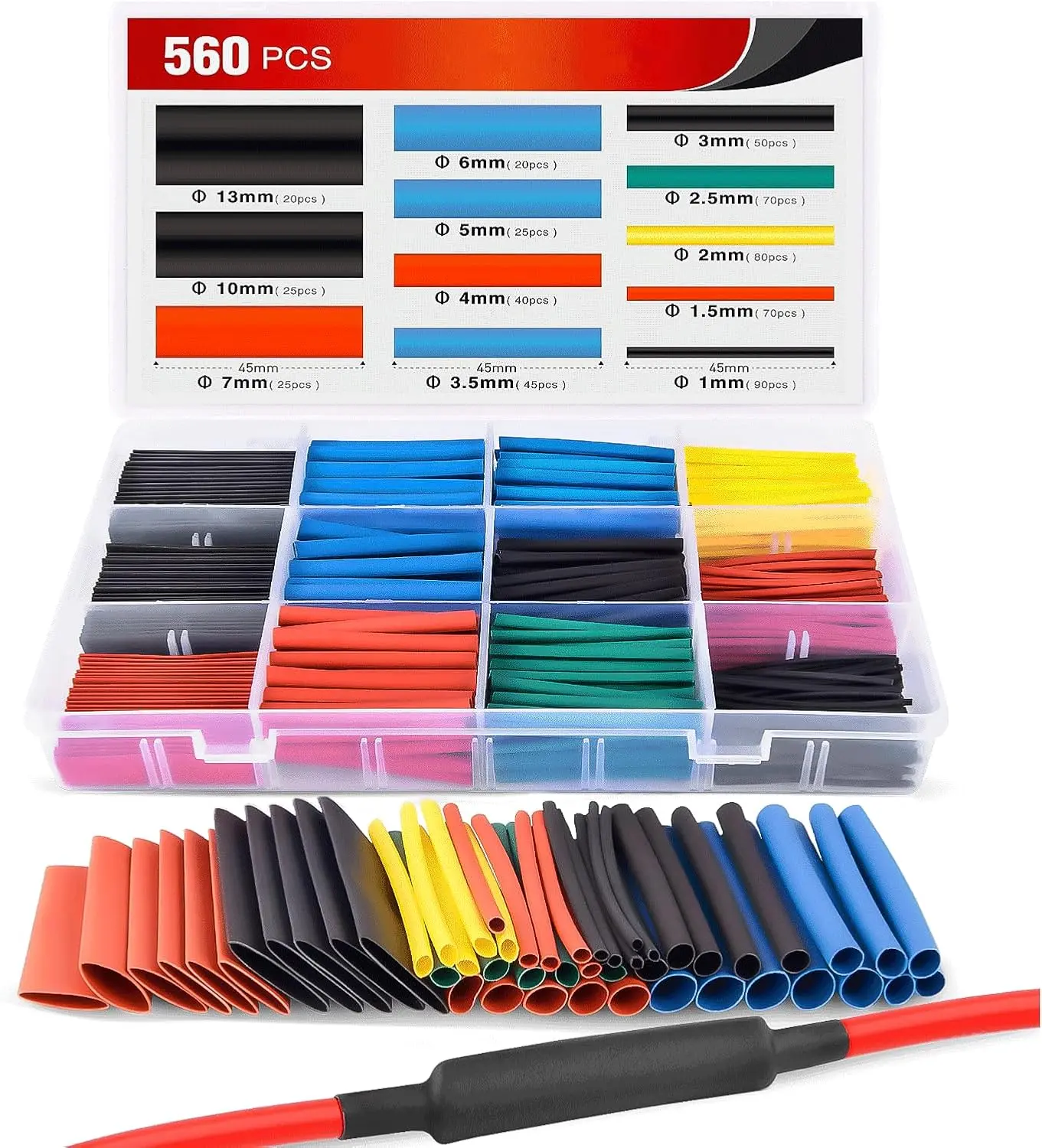 Nilight 2:1 Ratio Polyolefin 560pcs Heat Shrink Tubing Kit for Wire - 12 Sizes, 5 Colors, 45mm, -55℃ to +125℃, 15 Kv/mm Insulation, Flame Retardant, Anti-Aging, Acid and Alkali Resistance, Colour Coding, Box-Organized, 2-Year Warranty for Daily Repairs