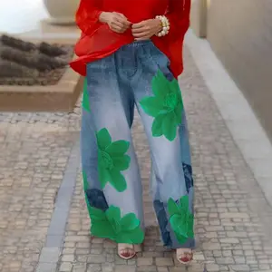 UOOZEE Women's Loose Wide Leg Floral Print Non-Denim Trousers Bottoms (Faux Denim) Pants with Front Pockets but Printed Fake Back Pockets