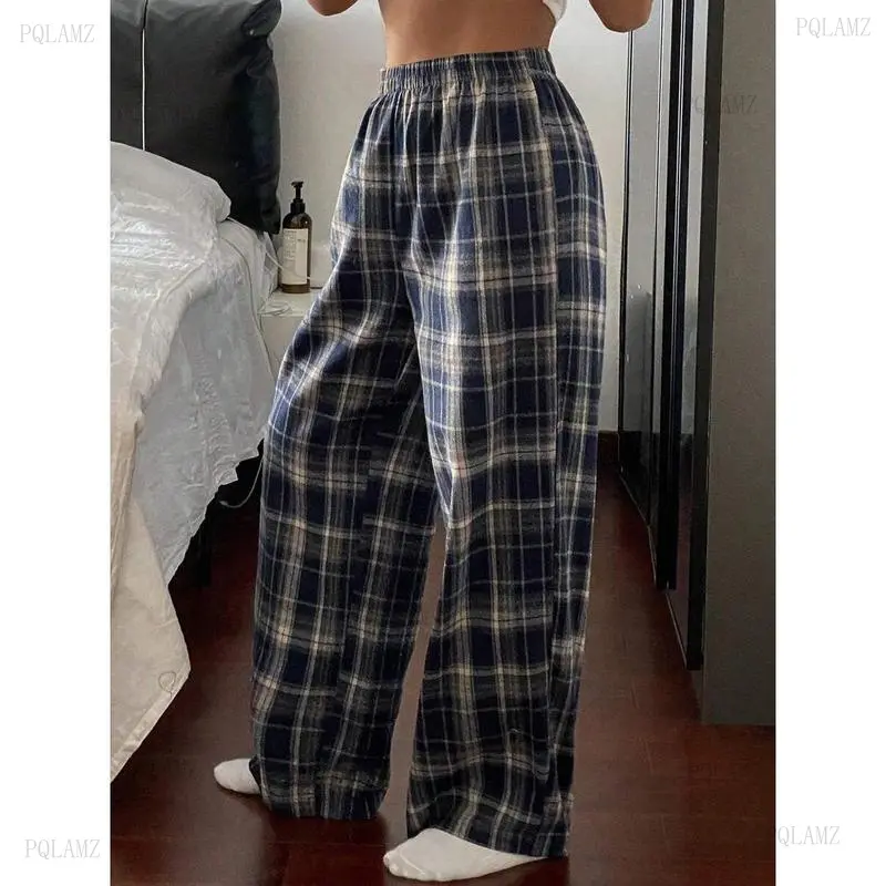 Plaid Elastic Waist Casual Loose Comfortable Homewear Pants