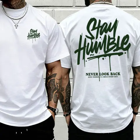 Men’s double-sided print "Stay Humble Never Look Back" graphic T-shirt, vintage drip letter oversized cotton tee, motivational streetwear casual top for everyday wear,summerwins,father'sdaygifts