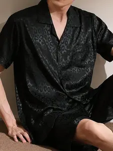 Men's 2pcs Short Sleeve Sleepwear Set Thin Silk Ice Fabric Leopard Pattern Kimono Collar Black Pajamas for Summer & Home