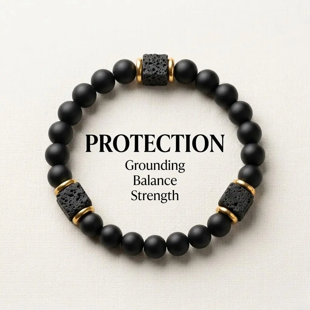 Matte Black Onyx Bracelet with Lava Stone Cube Accent, Unisex 7.79 Inch Stretch Fit for Everyday Wear, Healing Stone for Grounding & Protection, Mens Gifts, Bracelets For Women, Balance, Daily, Inner Strength