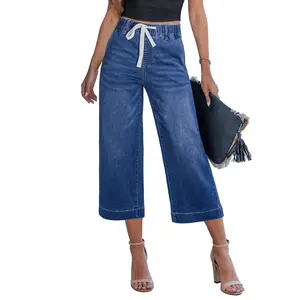 GRAPENT Capris Jeans for Women Trendy Wide Leg Capri Pants High Waisted Pull On Elastic Waist Summer Stretch Denim Jeans