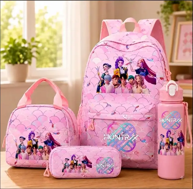 K-Pop Demon Hunters 4 Piece Backpack Set with Lunch Bag, Pencil Case & Water Bottle, Anime Inspired Bag Set