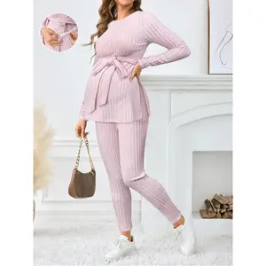Maternity Women's Solid Color Ribbed Knit Set Maternity Two Pieces Set 2 Pieces Lounge Set Two Pieces Maternity Set Maternity Loungewear Set Comfortable Two Pieces Set