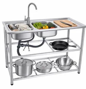 Heavy Duty Freestanding Stainless Steel Double Bowl Prep Sink Combo with Faucet, Drainboard, Open Storage Shelves & Commercial Utility Washing Station, Ideal for Restaurant & Garage Use