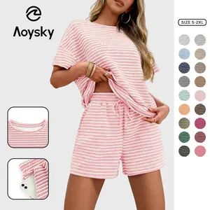 Aoysky Womens Pajama Sets Striped 2 Piece Lounge Sets Short Sleeve Oversized T Shirts Drawstring Shorts Matching Set
