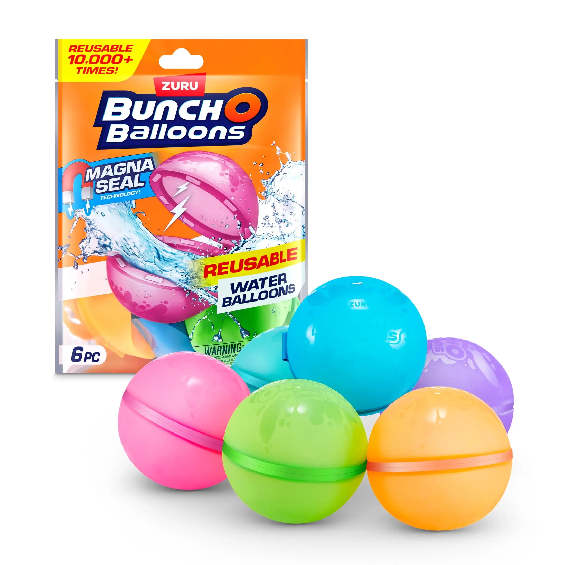 ZURU Bunch O Balloons 6-Pack Reusable Soft Rubber Toy - Unisex, Fast-Fill, Self-Sealing Magnetic Seal, Colorful Water Balloons for Kids Adult Fun, Pool & Beach Outdoor Toy, Reusable Up to 10000 Splashes