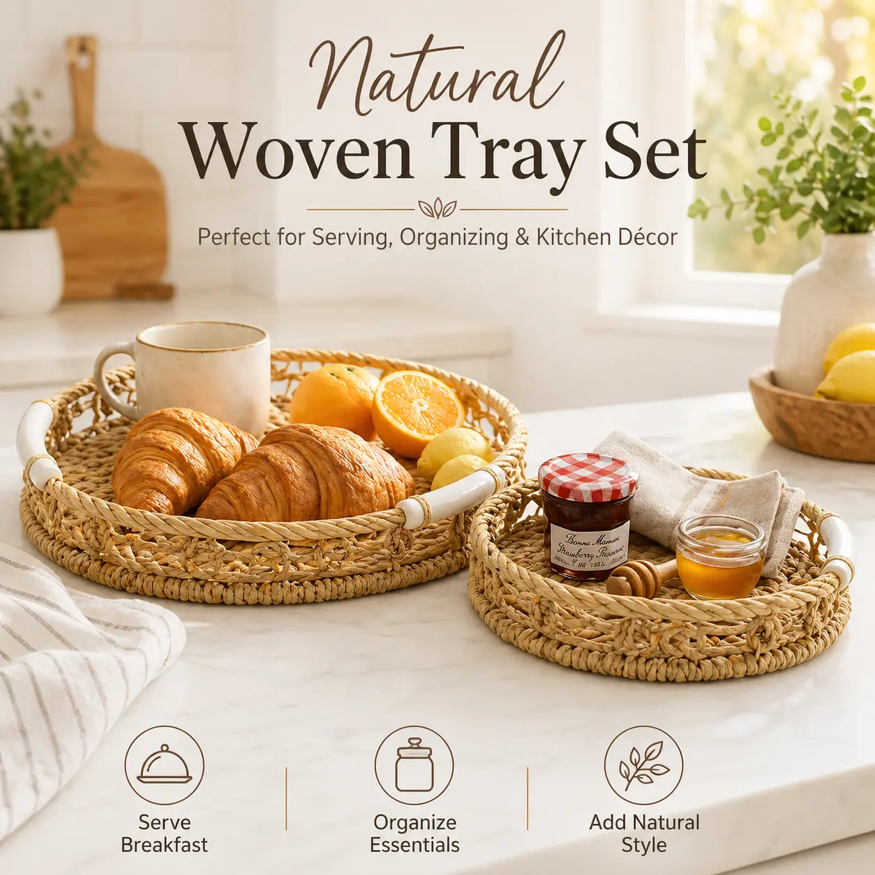 Twisted Harmony Natural Seagrass Tray with Ceramic Handle Round Trays Set of 2 Handwoven Base & White Ceramic Center 15.75" Diameter Coastal Farmhouse Boho Modern Decor