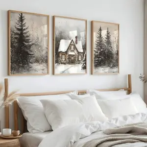 3pcs Winter Countryside Snowy Tree Christmas Landscape Canvas Art, Wooden Frame Wall Decor for Bedroom Living Room, Cozy Holiday Natural Style, Wall Art Decoration, Canvas Prints