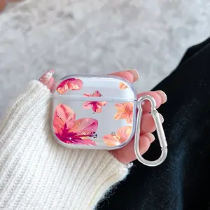 Floral Radiant Grace Pattern TPU Soft Protective Case for Apple AirPods 4/3/2/1/Pro/Pro2 Transparent Earphone Cover with Keychain Attachment