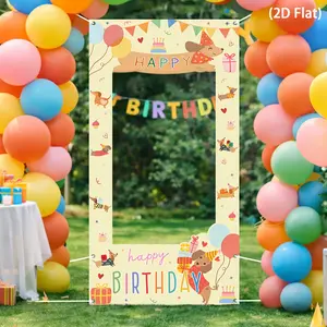 2D flat banner， One 2D plane cute Türkiye Dou birthday photo box background | colorful Türkiye Dou dog balloon gift design photo booth frame, happy birthday party photo booth props decoration, very suitable for Türkiye Dou material