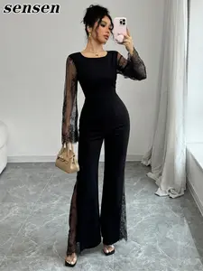 Lace Patchwork Jumpsuit, Long Sleeve Waist Cinching Slim Fit Bell Bottoms, Vintage Sexy Party, All Seasons Fashion