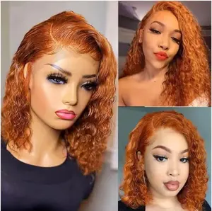 Curly Bob Wig Human Hair Deep Wave 13x4 HD Lace Front Wigs For Black Women Human Hair Pre Plucked Wear And Go Glueless Short Wet And Wavy Orange Ginger Color #350 12 Inch
