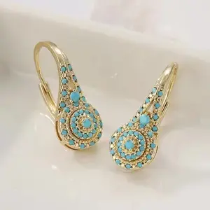 Women's KC Golden Plated Synthetic Turquoise Teardrop Dangle Earrings, Female Elegant Statement Costume Jewelry with Intricate Detailing, Affordable Luxury for Everyday & Formal Events, Valentine's Gift