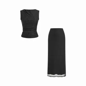 Cider Mesh Polka Dot Ruched Top & Mid Rise Mermaid Maxi Skirt Set