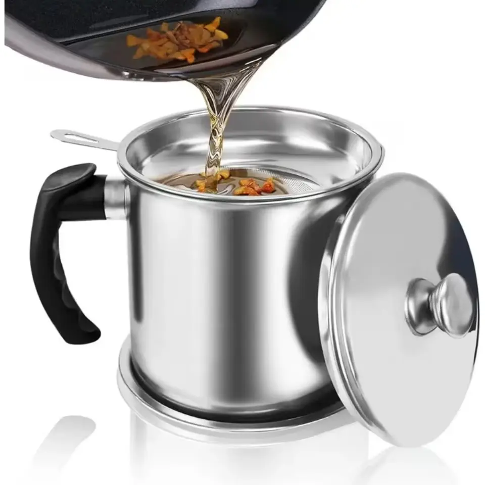 Stainless Steel Kitchen Grease Container with Strainer - Easy-Pour Handle, Ideal for Cooking Oil And Grease Storage, Essential Kitchen Accessory, Grease Can for Kitchen