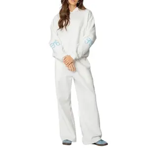 New Women Ladies Girls 2 Piece Casual Outfits Long Sleeve Bow Print Hooded Tops Wide Leg Pants Sets Womenswear Clothes