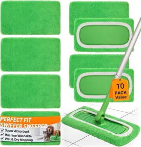 10 Pack Reusable Microfiber Mop Pads Replacement Compatible with Swiffer Sweeper, Machine Washable Mop Pads Refills for Wet & Dry Floor Cleaning, Mopping Cloths Fits Hardwood, Marble, Tile & Laminate