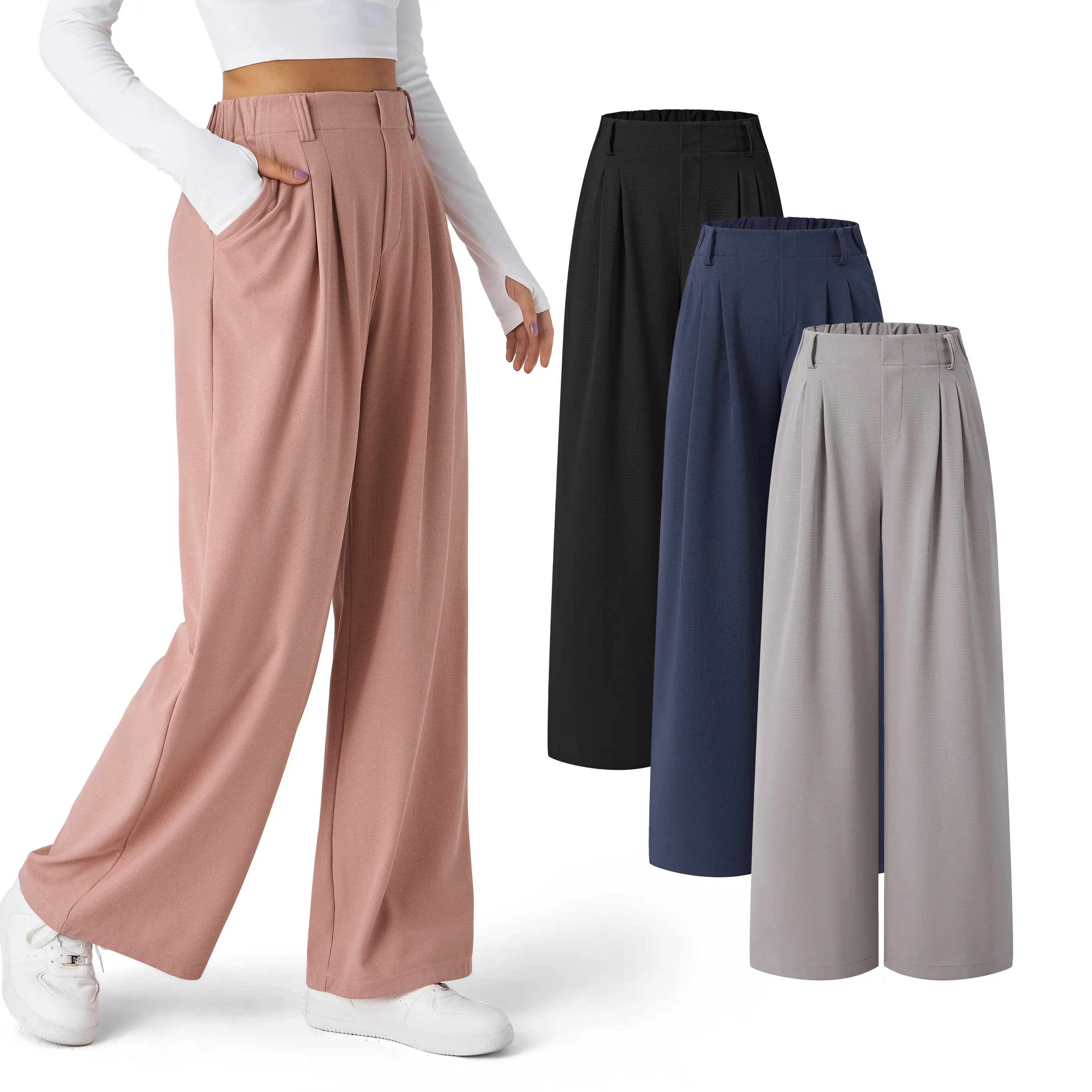 Halara 3-Piece Flex High Waisted Side Pocket Wide Leg Waffle Work Pants Set - regular length