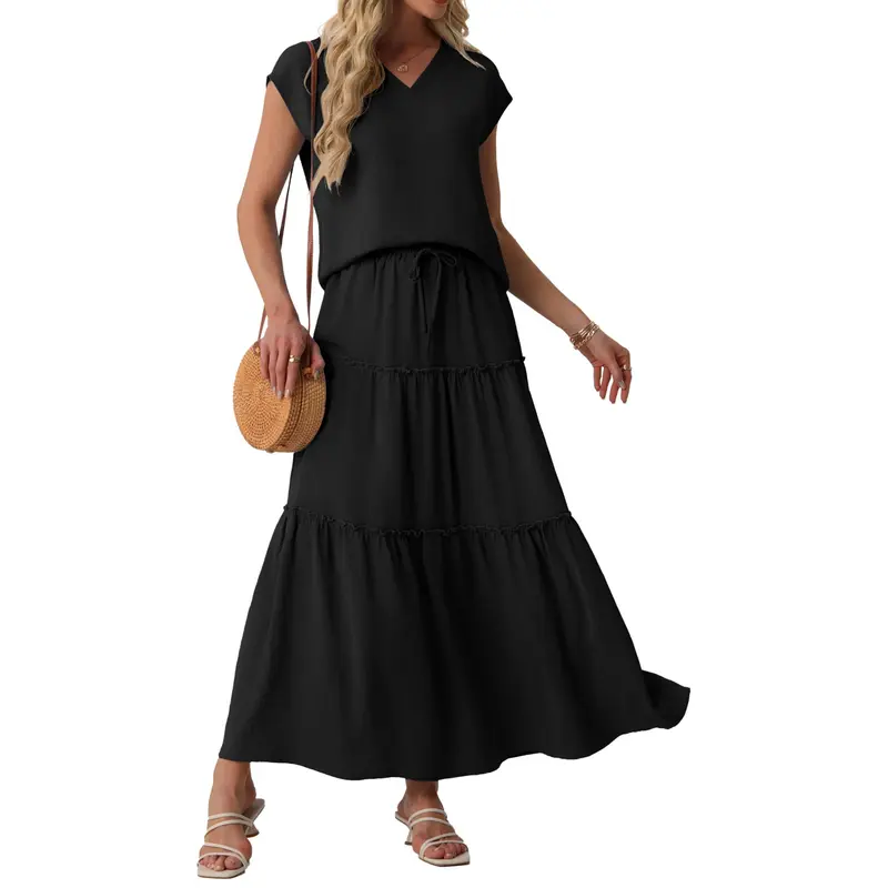 Lepunuo 2 Piece Skirt Sets for Women 2026 Flowy Maxi Skirts Cap Sleeve Tops Matching Sets Travel Vacation Outfits with Pockets
