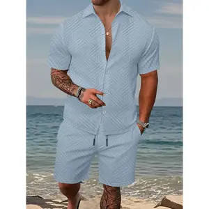 Men's 2-piece set:a short-sleeve button-up shirt paired with drawstring shorts. This summer outfit features a casual, Tropical textured diagonal stripe pattern, perfect for beach getaways, vacations, casual outings, and more—a men's stripe set.
