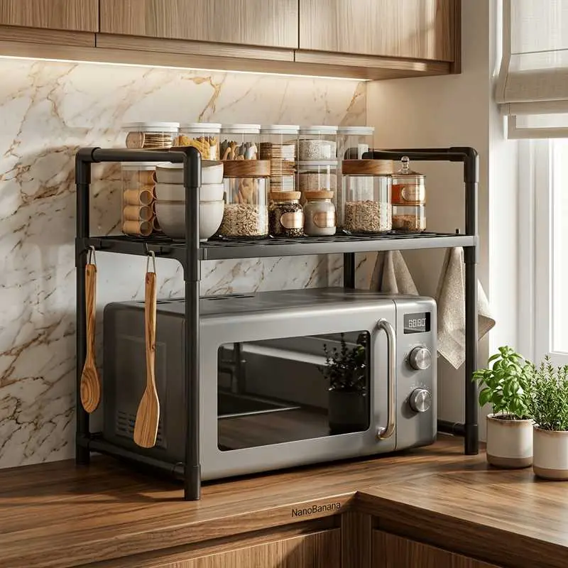 New Multi-Functional Single-Tier Microwave Rack, Simple Design, 4 Detachable Strong Hooks, Durable, Space-Saving, Easy Installation, Organize