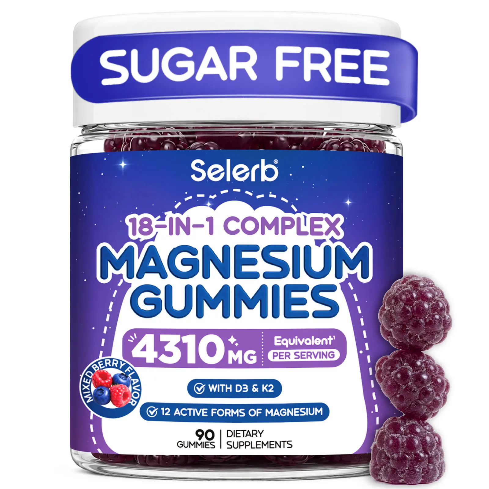 18 in 1 Magnesium Complex Gummies for Women and Men, Magnesium Glycinate Gummies with Vitamin D3 & K2,  Zinc, High Absorption, Supports Sleep, Muscle, Bone & Nerve Health, Sugar Free, 90 Gummies