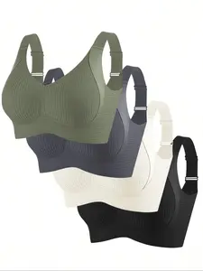 Women's Solid Wireless Bras, Soft & Breathable Design with Medium Support and Non-Removable Pads, Lingerie for Everyday Wear, 4-Pack Set