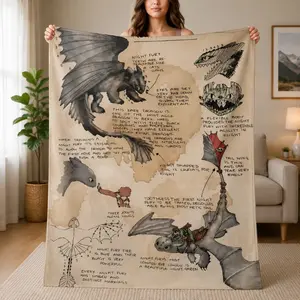 Toothless Night Fury Anatomy Sketch Flannel Blanket, Vintage Field Guide Throw for HTTYD Fans