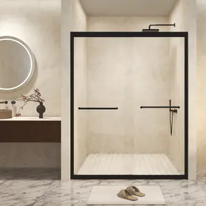 44-48" W * 72" H Tempered Glass with Explosion Proof Film, Aluminum Frame Double Sliding Shower Door, "1/4 (6 mm), Stainless Steel handle, Matte Black   WL