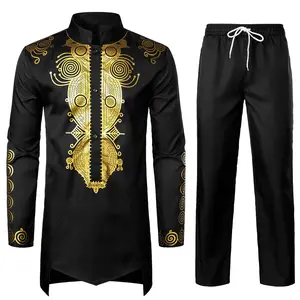 ZEROYAA Men's Africa Suit Long Sleeve Button Down Bronzing Print Shirt and Pants Outfit Traditional 2 Piece Set Clothes Graphic sets for men clothing men's 2 piece set Stylish Breathable